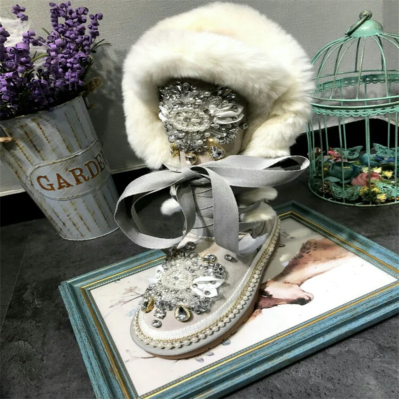 

Handmade custom crystal gem beaded high-top snow boots pearl light heavy industry boots warm and comfortable 35-44