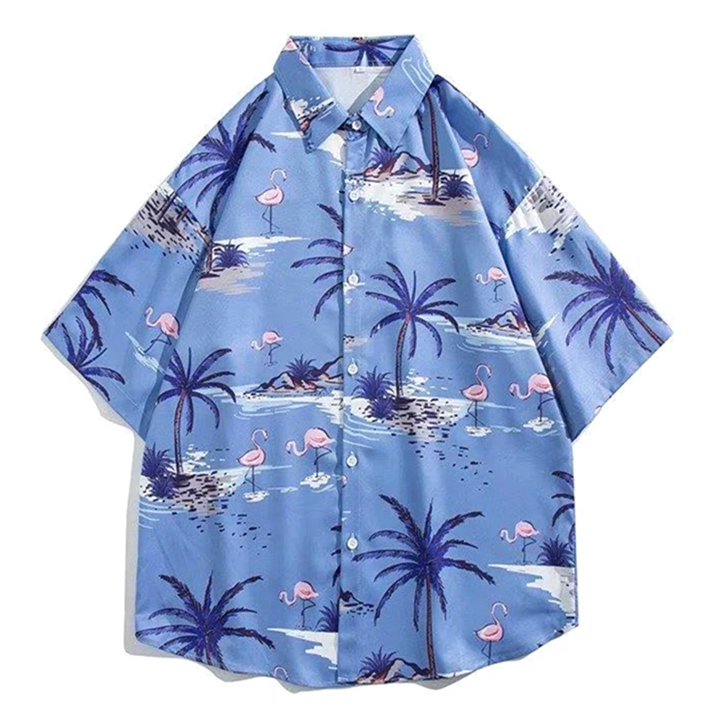 

Sky Blue Flamingo Coconut Tree Print Cute Button Up Shirt Cool Handsome Beach Casual Blouses Summer Streetwear Men Women Tops