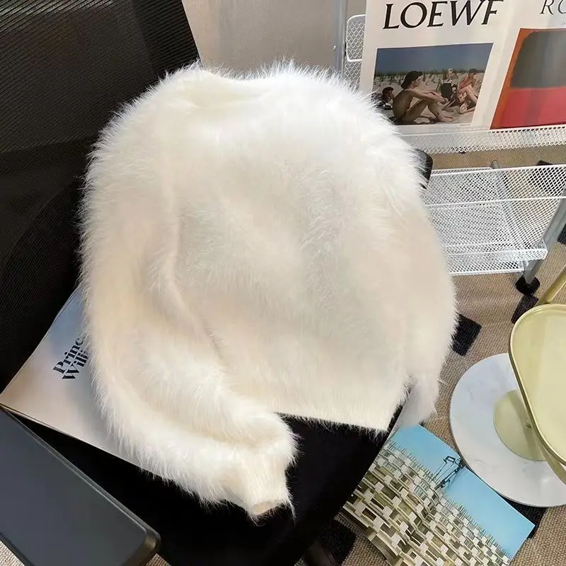 Женская норковая короткая куртка-свитер с v-образным вырезом вязаный кардиган