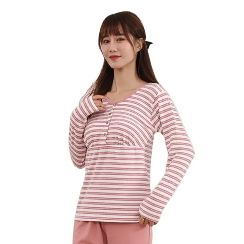 

With A Chest Cushion Nursing T-shirt Cotton Pregnant Women Breastfeeding Long Sleeve Striped Maternity Clothing Mommy Home Tee