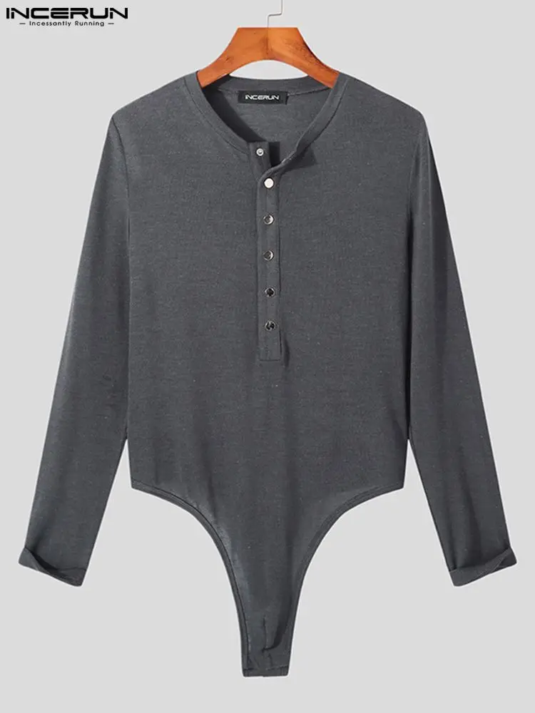 INCERUN Comfortable Homewear Sexy Casual Men's Solid Multi Buttonhole Bodysuit Fashion All-match Male Long Sleeve Rompers S-5XL