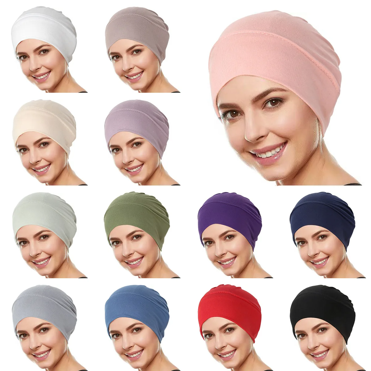 1pc Solid Color Women Muslim Hijab Bonnet Chemo Cap Headdress Wearable Wrap Head Soft Elastic Turban