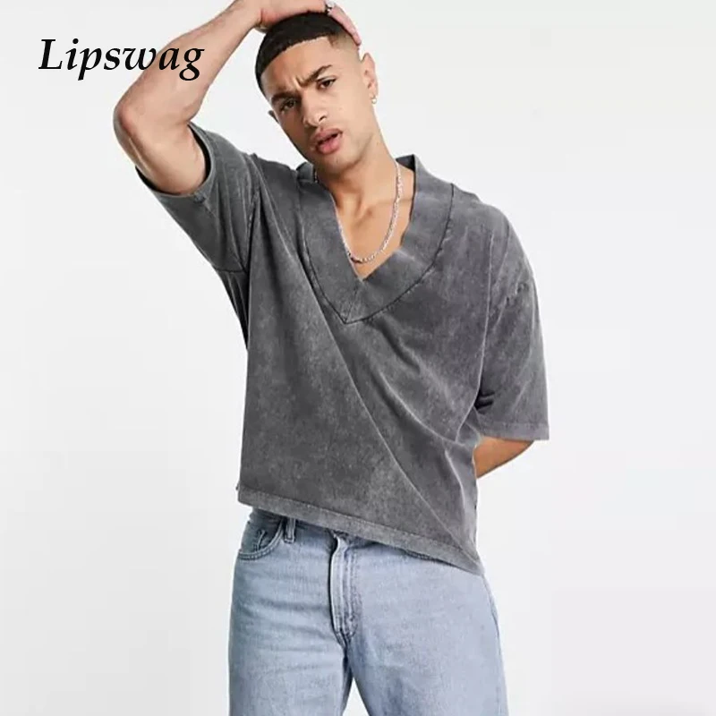 

Trend Men's Summer Solid Color Tee Shirt Spring Short-Sleeve V-Neck Tops Pullover Fashion Casual Retro Loose Mens T-Shirts 2022