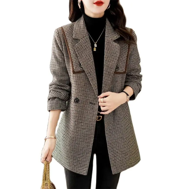 

Женский шерстяной Блейзер, пальто, новинка сезона весна-осень 2023, шерстяной костюм, куртка, женское модное облегающее шерстяное пальто в клетку средней длины, Женское пальто 4XL