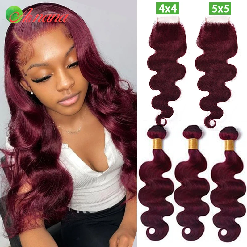 Человеческие волосы Alinana 99J волнистые с застежкой 5 Х5 бразильские темно-бордового