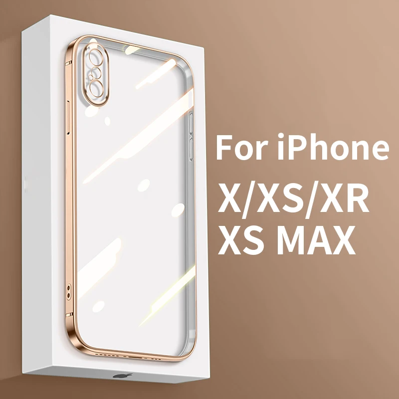 

Luxury Soft Silicone Case for IPhone X XR XS MAX Plating Square Frame Shockproof Clear Phone Cover Full Camera Lens Protect