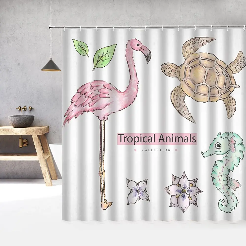 

Детская мультяшная занавеска для душа с милыми животными, морская черепаха, морская лошадь, фламинго, цветочное растение, тканевый комплект...