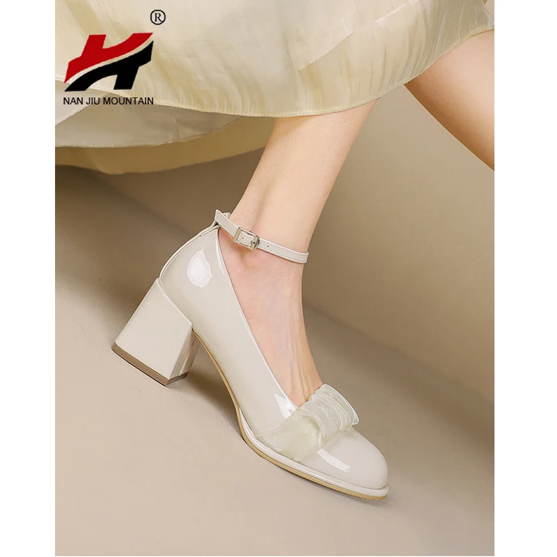 

2022 женские простые тонкие туфли на высоком каблуке; Белые туфли Mary Jane; Кожаные Туфли с круглым носком на не сужающемся книзу массивном каблу...