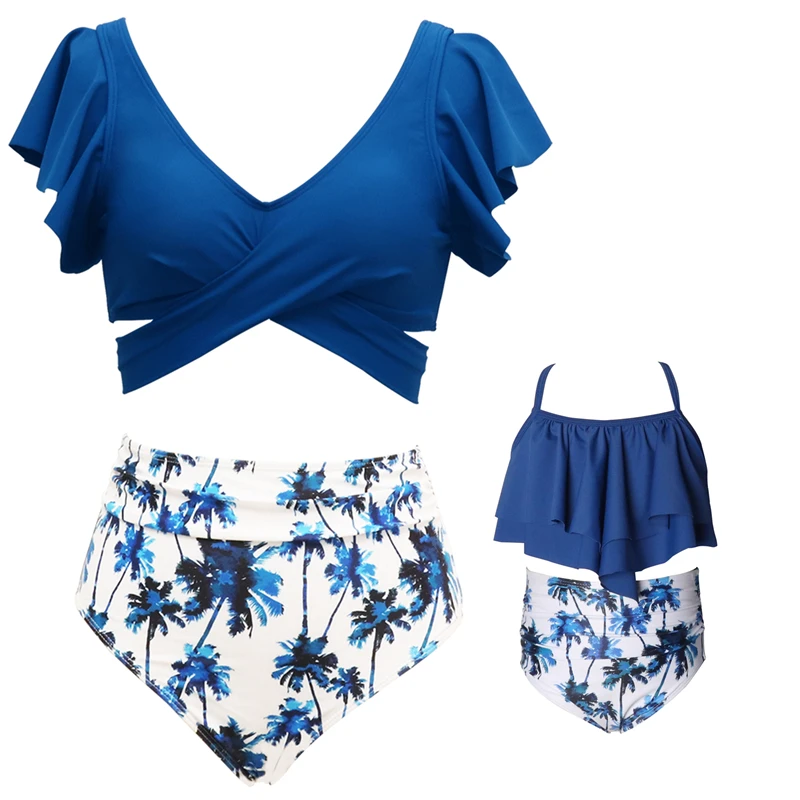 

2023 Plam Tree Mommy and Me купальники Семейный комплект с оборками для матери и дочери женские платья бикини Одежда