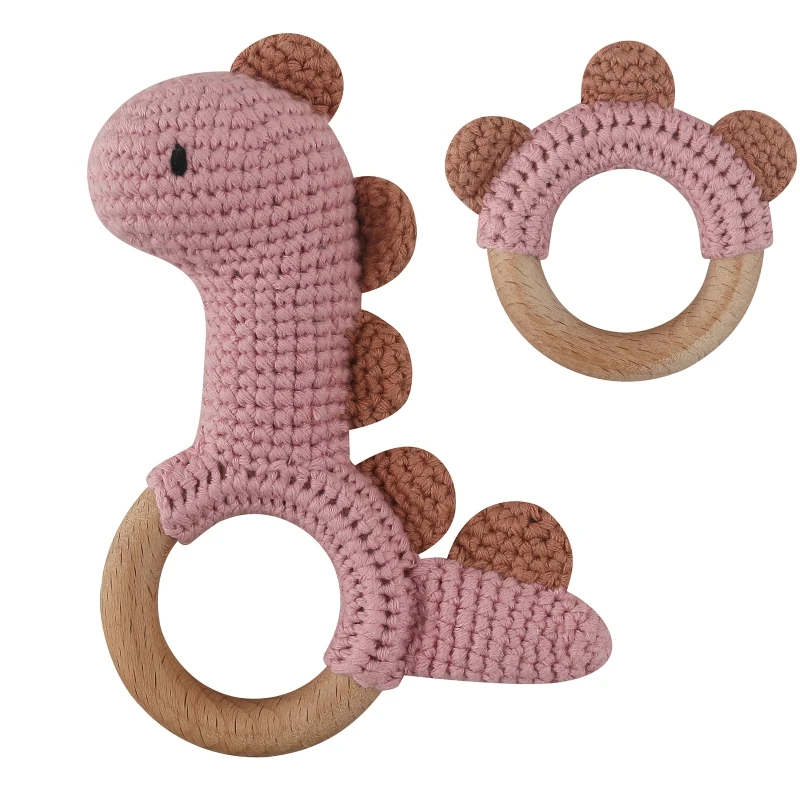 

2Pcs/Set BPA Free Crochet Dinosaur Baby Teether Rattle Safe Beech Wooden Teether Ring Newborn Mobile Gym Educational Toy Baby