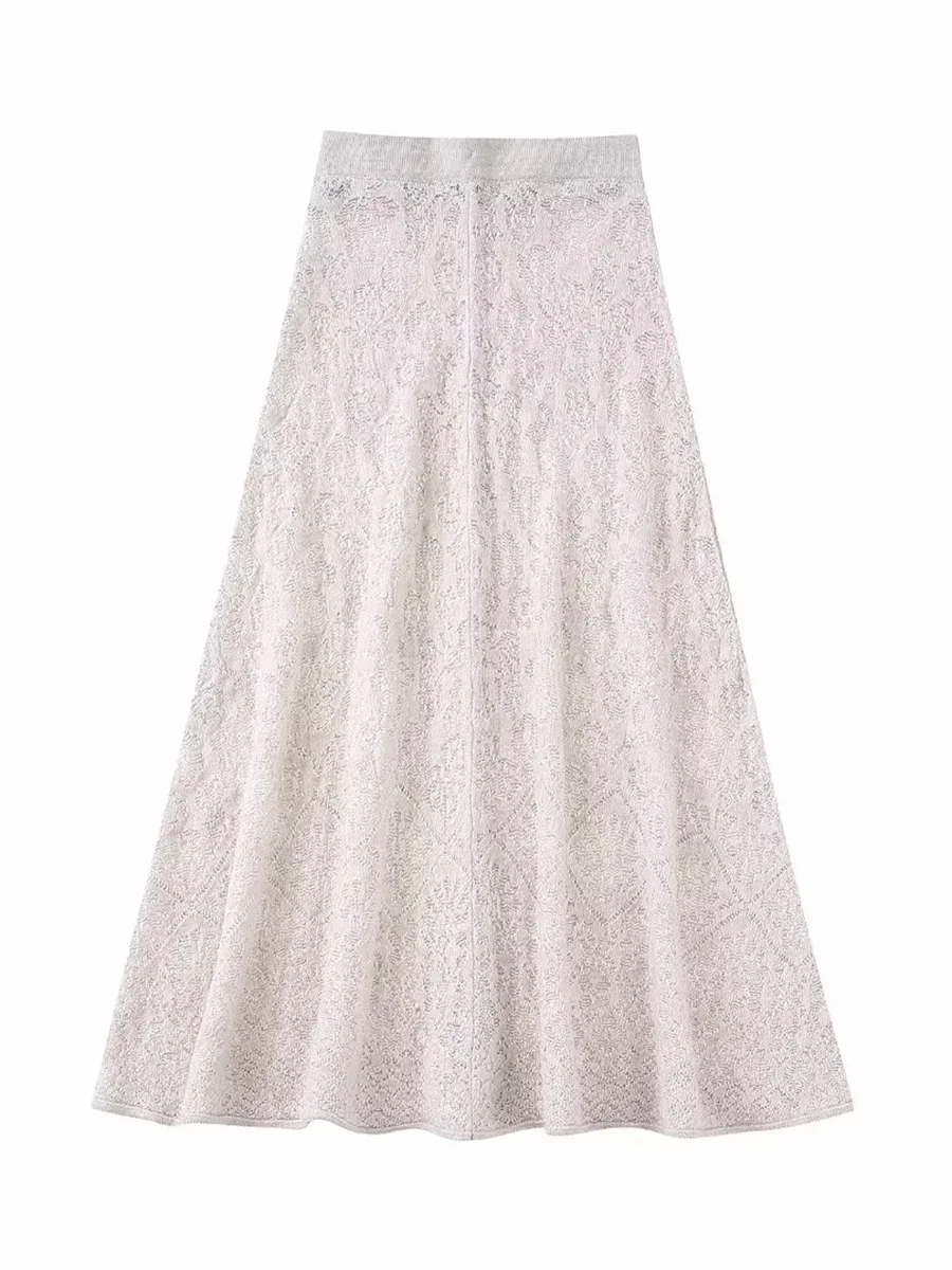 

Women Fashion Jacquard Hole A-Line Knitted Skirts 2022 New High Elastic Waist Folds Casual Female Falda