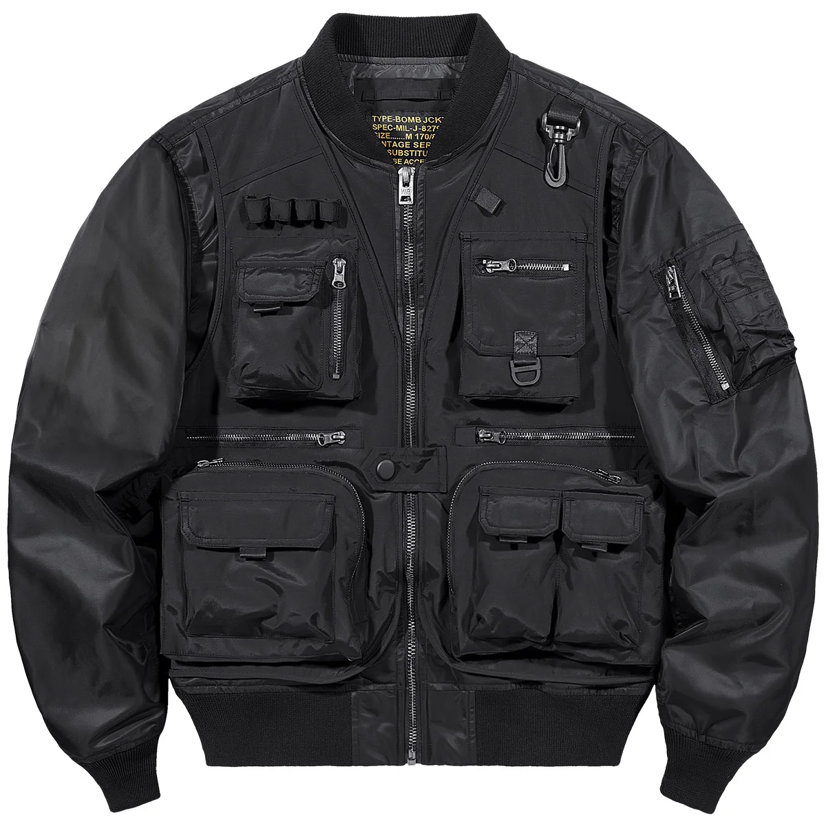 

Pilot Men's MA1 Splicing Fake Two Piece Multi Pockets Cargo Bomber Punk Hip Hop Button Ribbon Jackets