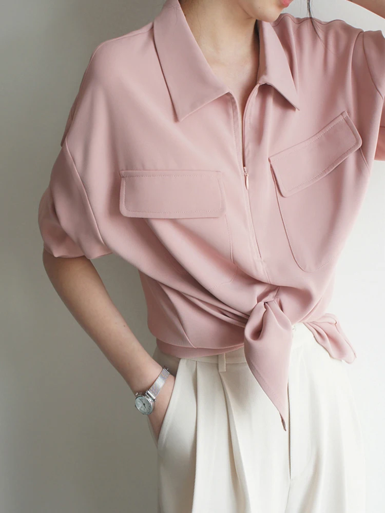 

Женский топ BOBOKATEER с длинным рукавом, женская осенняя одежда 2023, элегантная розовая повседневная футболка с застежкой-молнией и отворотом, Camiseta Mujer