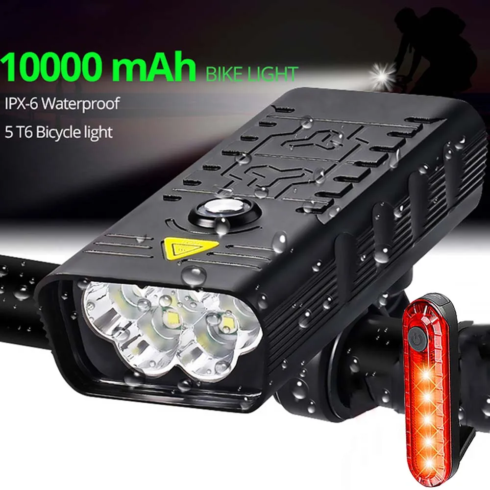 

10000mAh Bike Light USB Rechargeable 3000 Lumen Bicycle Headlight 5T6 LED Flashlight Cycling Front Lights with Rear light Sets
