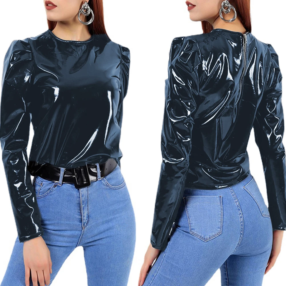 Women Faux Patent Leather Turtleneck Tops Long Sleeve Shirt Zipper PVC Pullover Black Red PU Clothes Streetwear Custom | Женская одежда