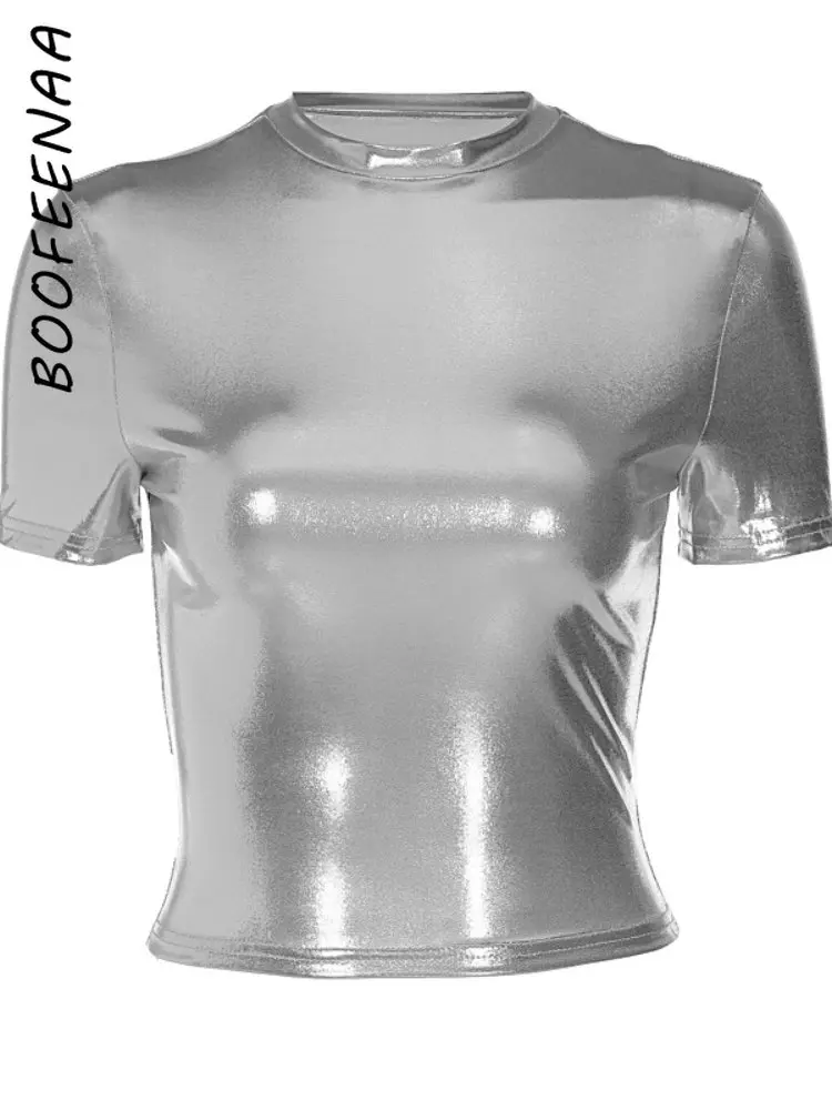 BOOFEENAA Metallic Silver Crop Tops Short Sleeve T Shirts for Womens Y2k Sexy Summer Clothes Streetwear Tight Tees 2023 C16-AH10 images - 6