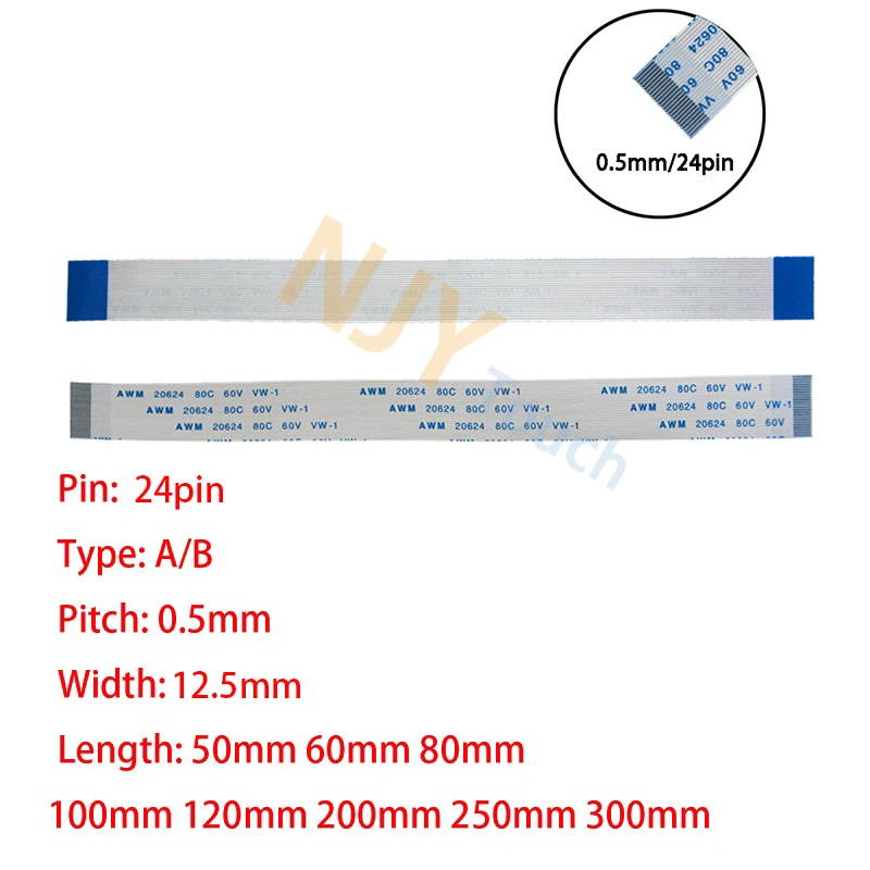 

24Pin 0.5mm Pitch FFC FPC AWM 20624 80C 60V VW-1 A B Type Flat Flexible Cable 60/100/150/200/250/300/400mm