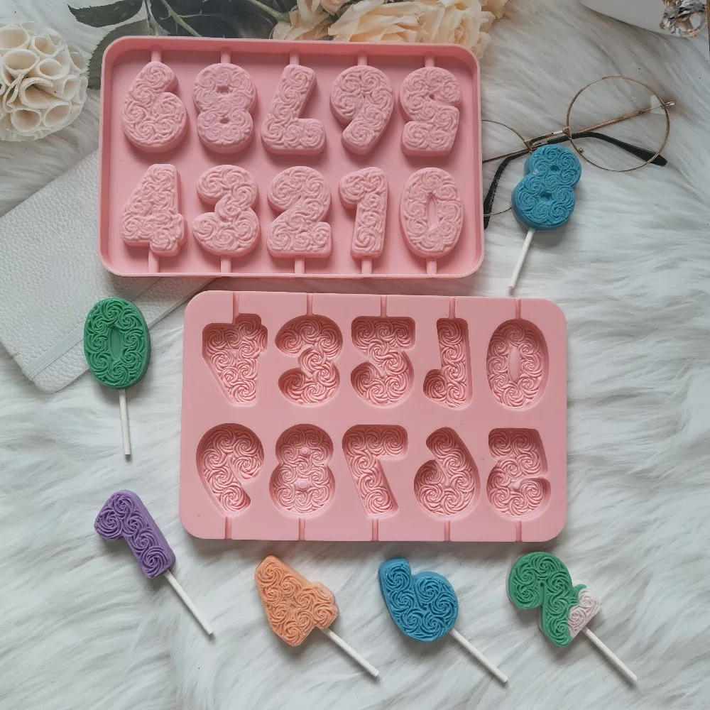 

New 0-9 Numbers Shape Lollipop Silicone Mold 3D Hand Made Sucker Sticks Chocolate Cake Jelly Candy Mold Party Decoration