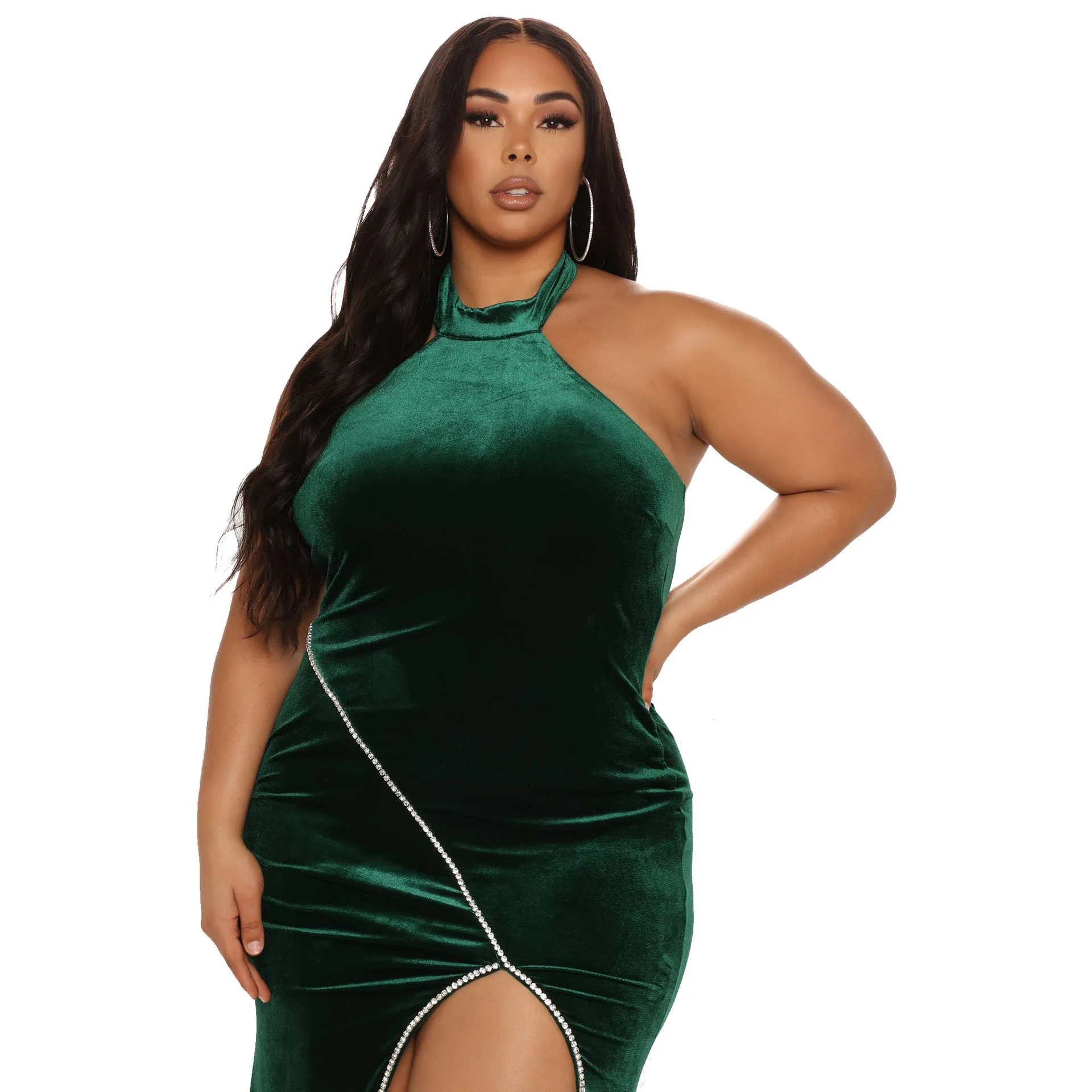 

Plus Size Women's 2022 Summer New Off Shoulder Rhinestone Trim Sexy Evening Dress Stand Collar Sleeveless Slit Dress
