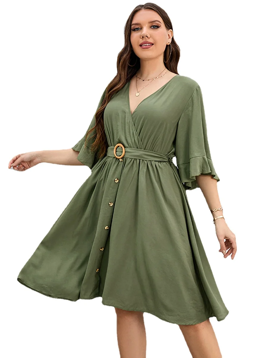 

Plus Size Casual Dress Woman 2022 Summer Female V Neck Half Sleeve Solid Midi Dress Belted High Waist Beach Dresses