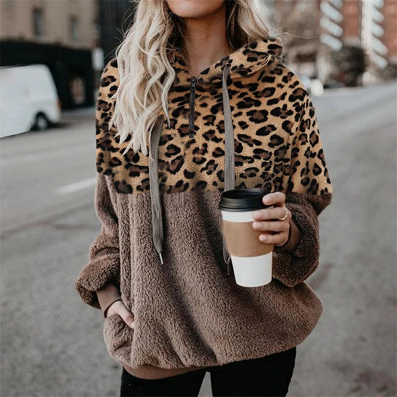 

Fall Hoodies Women Leopard Print Zipper Pocket Blouse Stitching Sleeve Plush Sweater Fashion Ladies Hoodie Woman Clothing