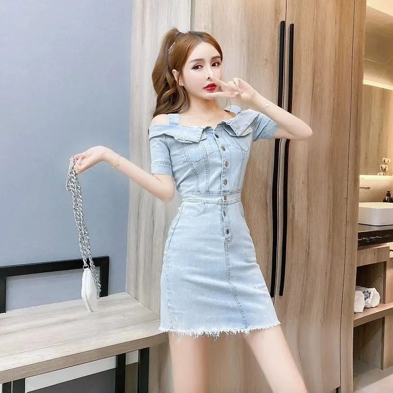 

Jeans Dress Women A-line Sexy Club Bodycon Slim Summer Vestido Feminino Buttons Slash Neck Casual Mini Woman Denim Dress M171