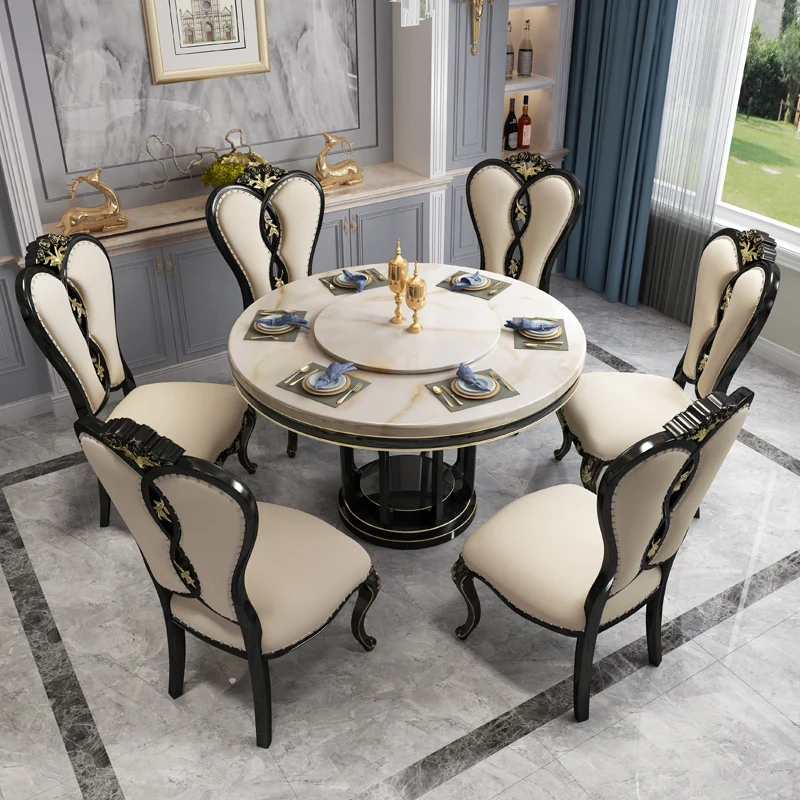 

American light luxury solid wood round table luxury ebony European marble dining table and chair combination 6-person dining tab