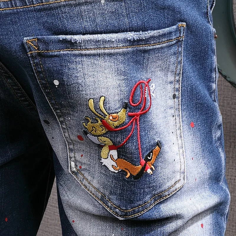 Ripped Denim Shorts Men Fashion Embroidery Dots Printed Short Jeans Summer Streetwear Casual Blue Straight Slim Fit Pants