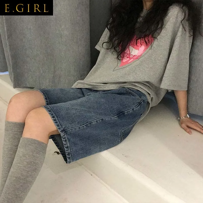 Summer Vintage Denim Shorts Women High Waist Knee-length Wide-leg Baggy Students Harajuku Ins Streetwear Slim All-match Leisure