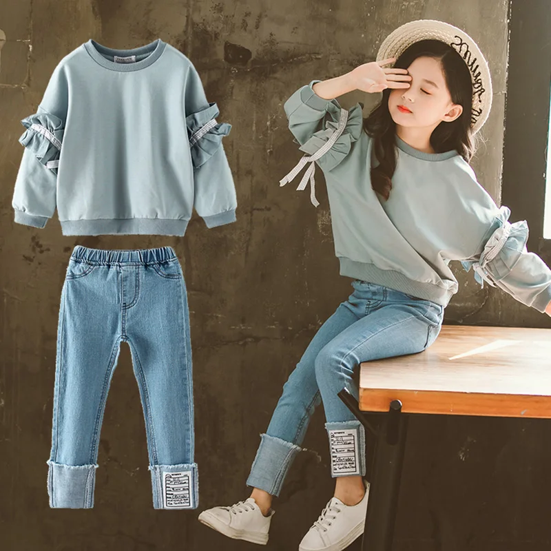

Korea New Girls Boutique Outfits Teen Girls Clothes Children's Clothing Suits Top Demin Pants Suit 2pcs Teenager Clothing Sets