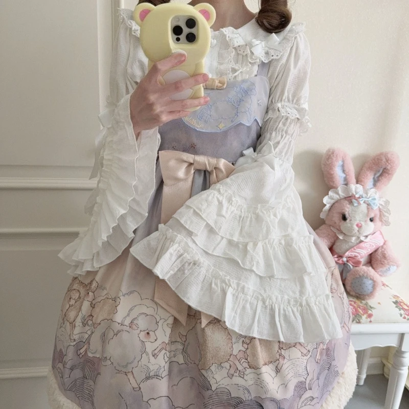 Женские японские рубашки в стиле Sweet Lolita, винтажные блузки Y2K с кружевом и бантом, с отстегивающимися рукавами, одежда для девочек, милые топы Kawaii (art.: 3920d8d19bb2b) - 3920d8d19bb2b