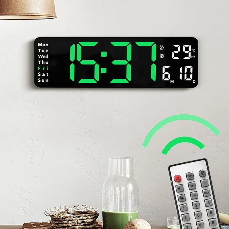 Large Alarm Clock Remote Control Date Week Temperature Clock Dual Alarms Led Display Clock Living Room Dec