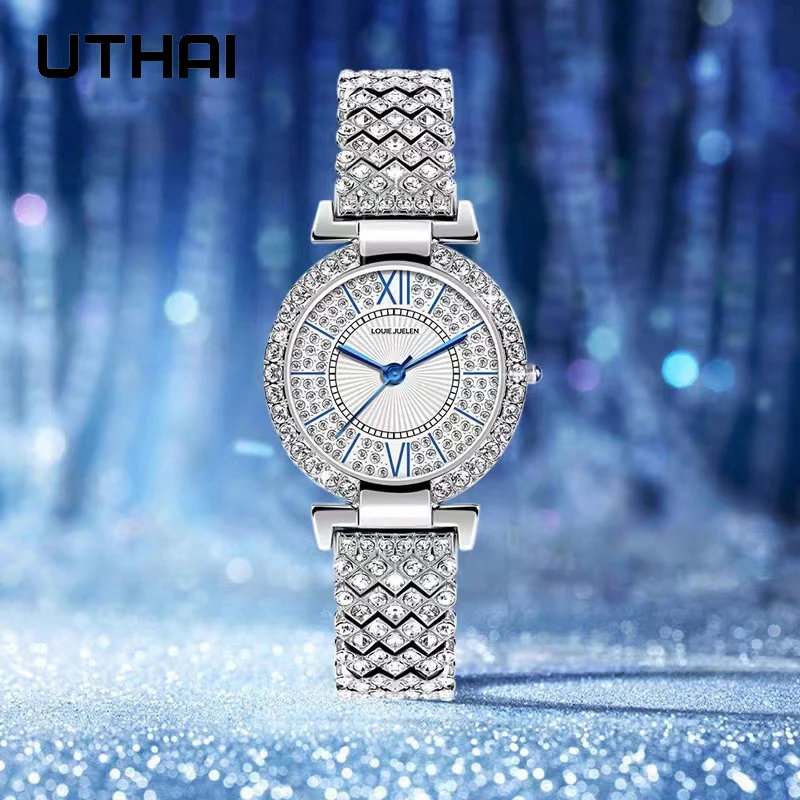 UTHAI H127 Women's All Sky Star Diamond Brand Quartz Watch Simple Fashion Small Dial Steel Band Waterproof Clock Girl Jewelry