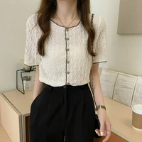 2022 spring summer korean style jacquard short sleeve blouse round neck slim shirts for female solid color sweet style clothing