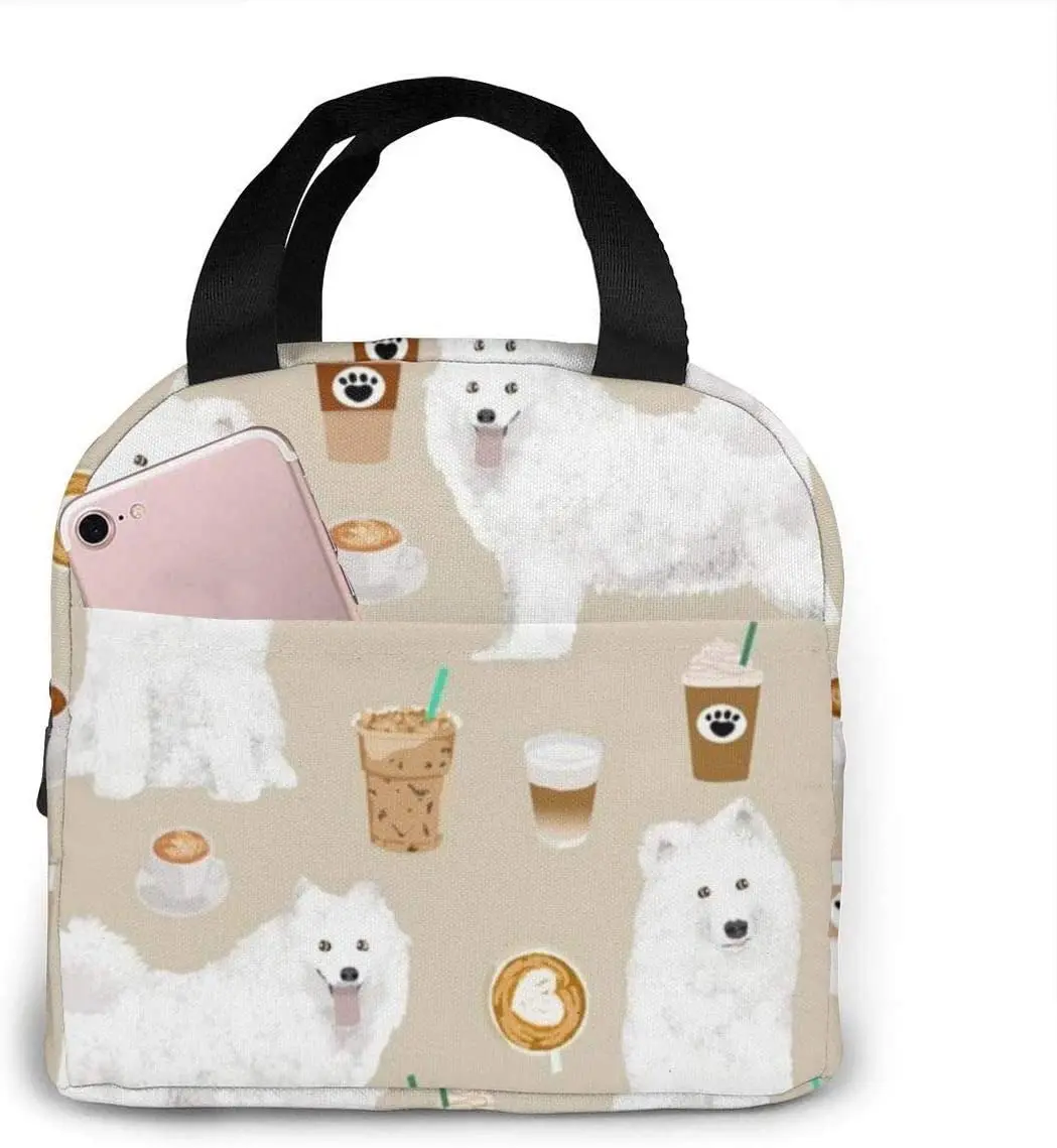 

Милая многоразовая изолированная сумка для ланча Samoyeds и кофе для милой собаки, сумка-холодильник с передним карманом и застежкой-молнией для женщин