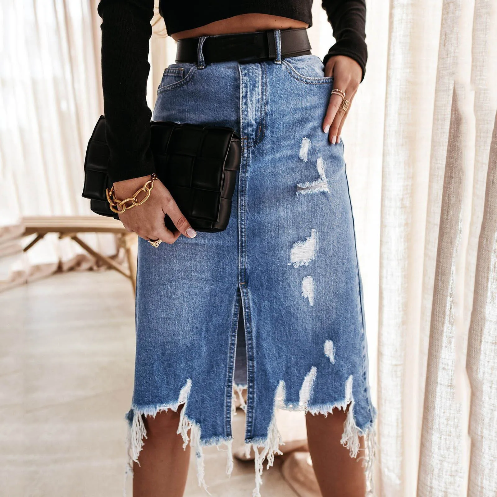 

Denim Skirts For Women Streetwear High Wasit Split Jean Skirt Female Trendy Retro Washed Irregular Women's Skirts