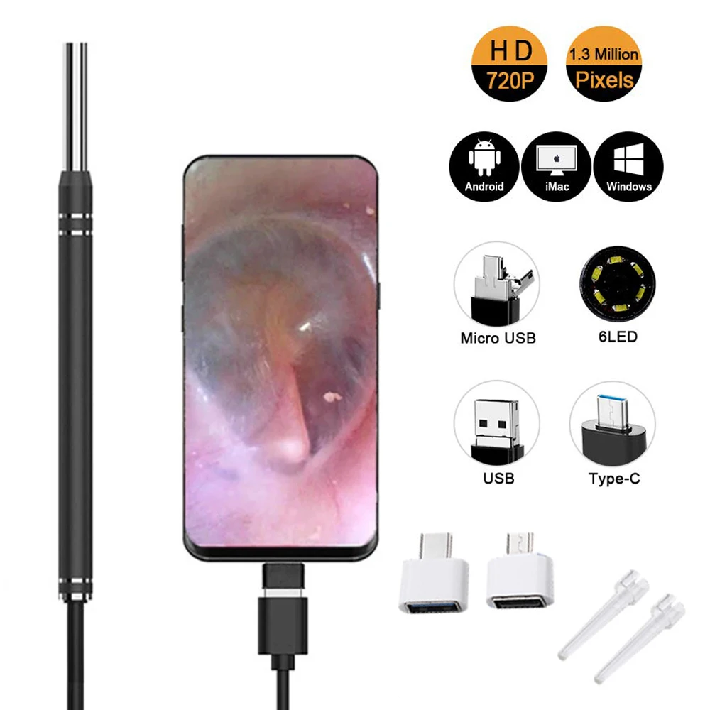 

5 mm HD Visual Ear Endoscope 3 in 1 USB Otoscope Ear Wax Cleaning Inspection Camera Tools for Android Phone PC