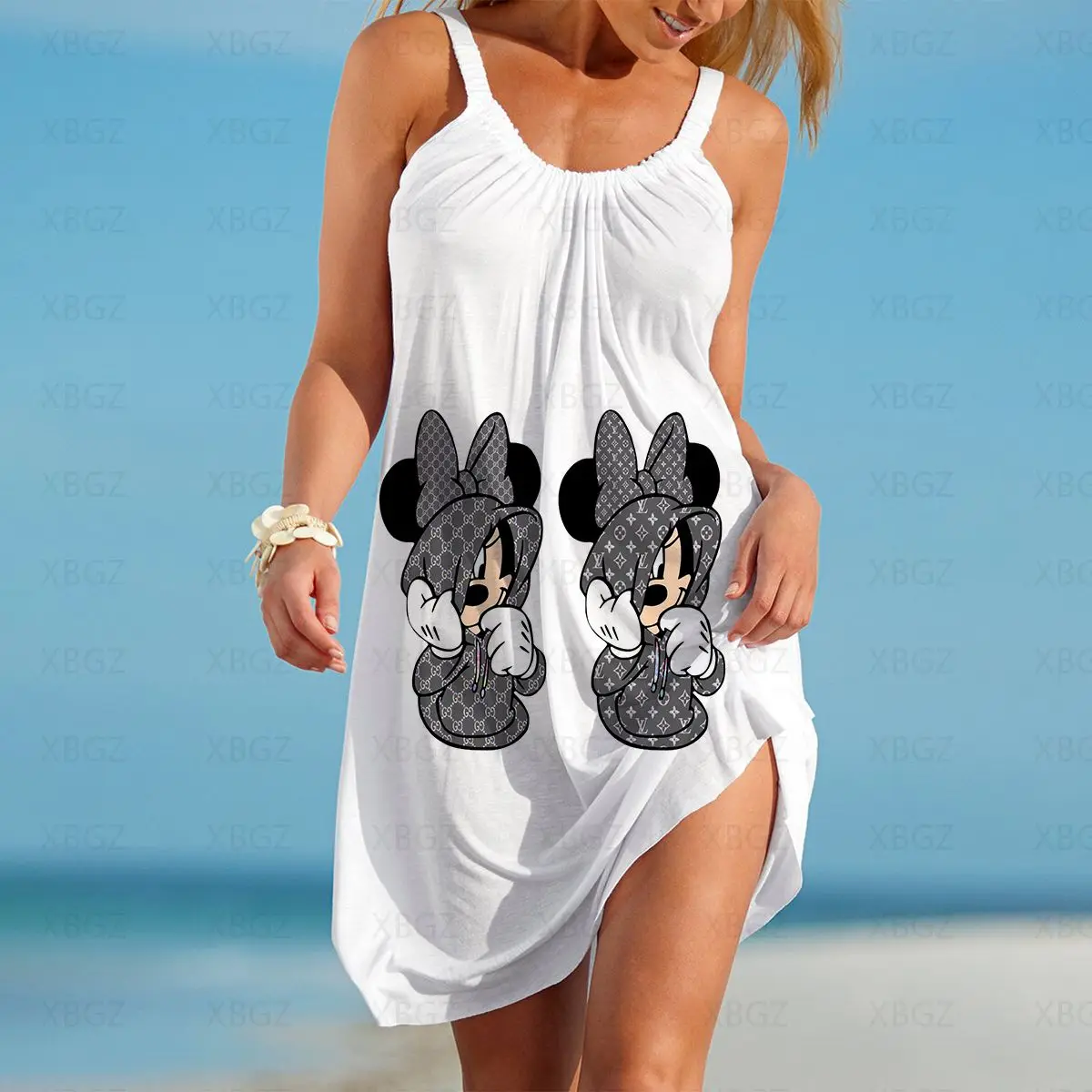

Disney Women's Summer Sundresses Fashion Dresses Woman 2022 Mickey Dress Minnie Mouse Sling Loose Beach Donald Duck Cartoon Boho