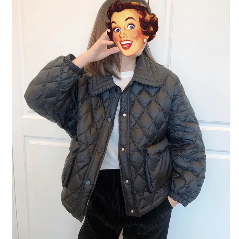 Winter Jacket Women Lapel Diamond Lattice Light And Thin Short 2023 Thickened Warm Korean Fashionable Internet Celebrity Coat