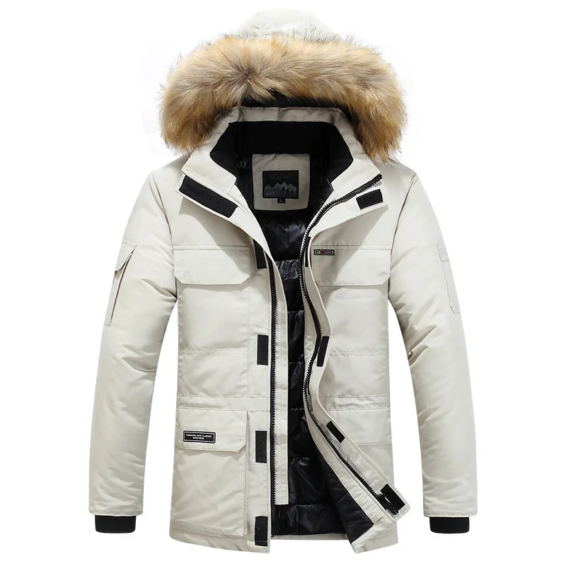 Mens Winter White Duck Down Parkas Male Casual Thick Warm Puffer Jacket Big Fur Hooded Windbreaker Jackets Detachable Hat Coats