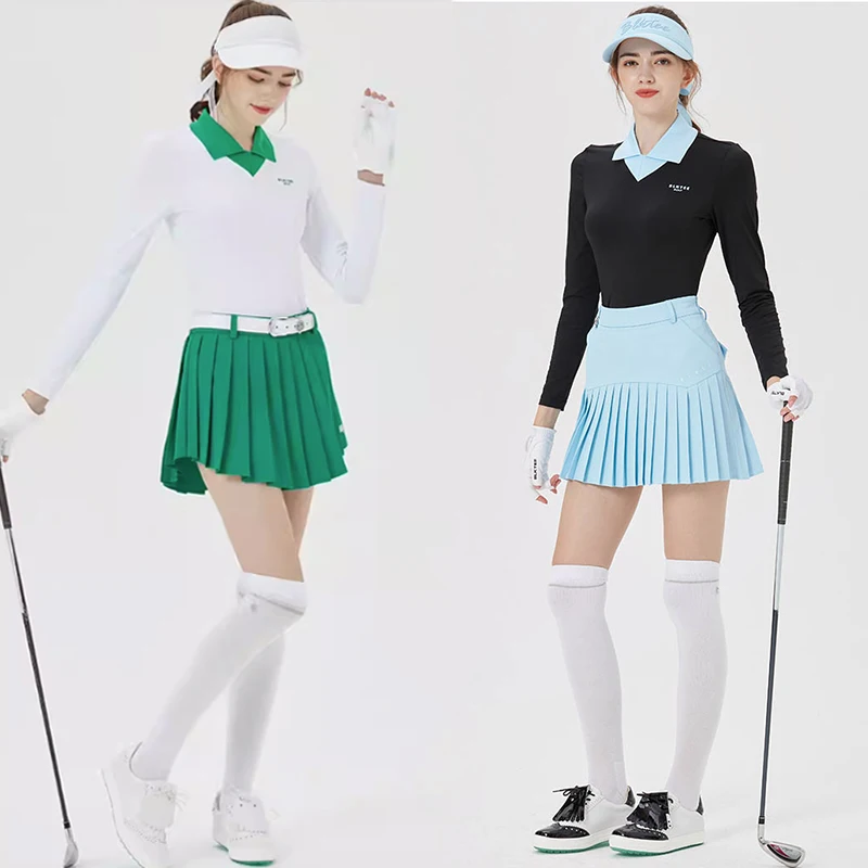 

Blktee Женская плиссированная короткая юбка для гольфа Облегающие юбки-брюки с высокой талией Женская Лоскутная рубашка поло в Корейском стиле эластичные женские комплекты