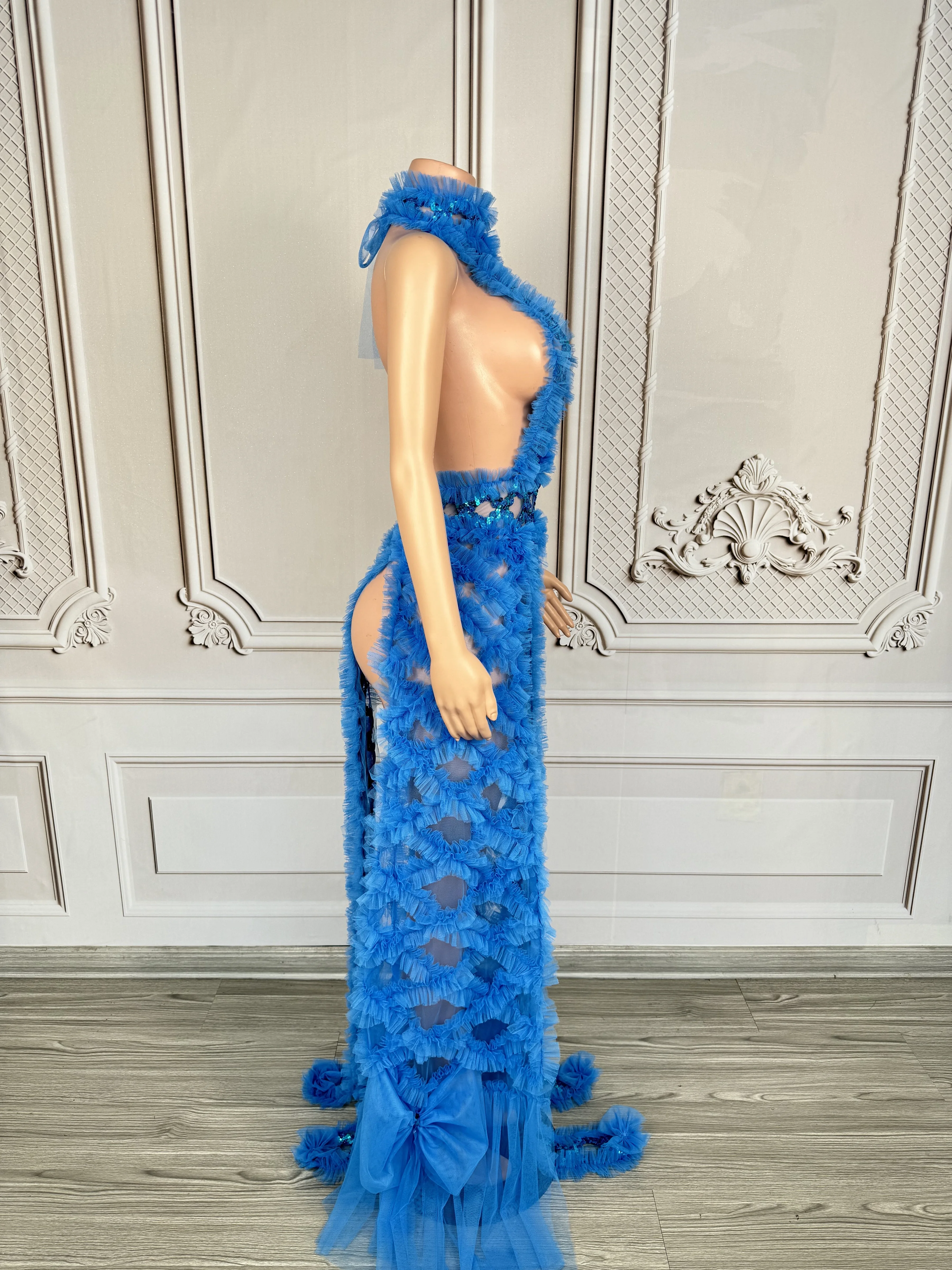 Сексуальное синее сетчатое платье с вырезами и блестками для вечеринки дня