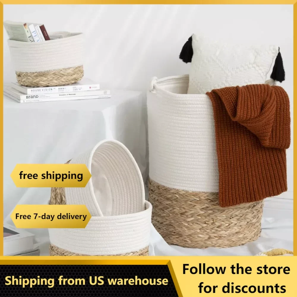 

Woven Laundry Basket Set of 4 Wicker Laundry Hampers Free Shippng White Baskets for Bedroom Dirty Storage Hamper Organizer Room