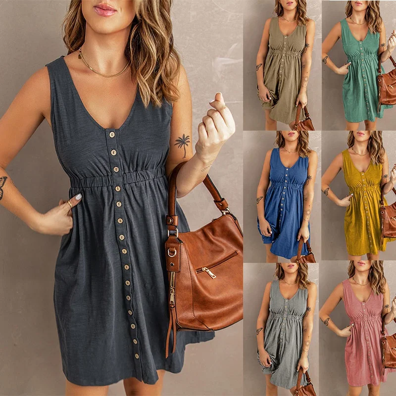 

Womens Summer Sleeveless Dress Button Down Elastic Waist Swing Loose Plain Short Dresses Casual Tank Tops Dresses