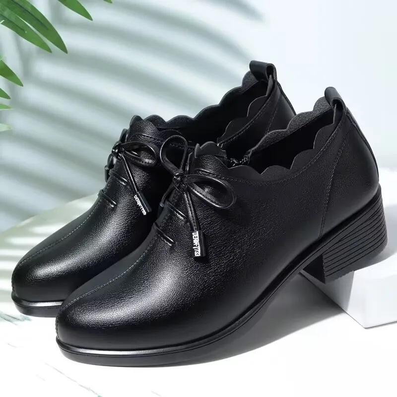 

Women Soft Leather Single Shoes 2023 Spring New Soft Sole Chunky Heels Ladies Casual Shoes Lace Up Mid Heel Woman Pumps Zapatos