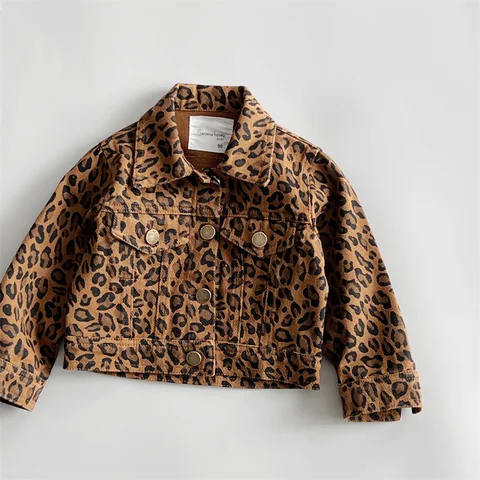 Японская средневековая детская одежда, детская куртка с леопардовым принтом, модная версия, джинсовый топ, одежда для маленьких девочек, зимняя куртка