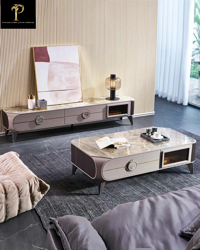 

Italian Light Luxury Rock Plate Tea Table TV Cabinet Combination Modern Fashion Simple Small House Extremely Simple Grey Paint