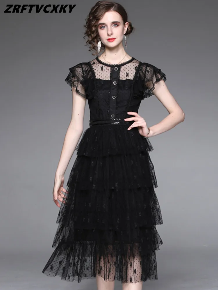 

Women's Vintage Dot Lace Mesh Cake Dresses Summer Runway Ruffle Sleeves Designer Cascading Ruffle Elegant Black Long Dress