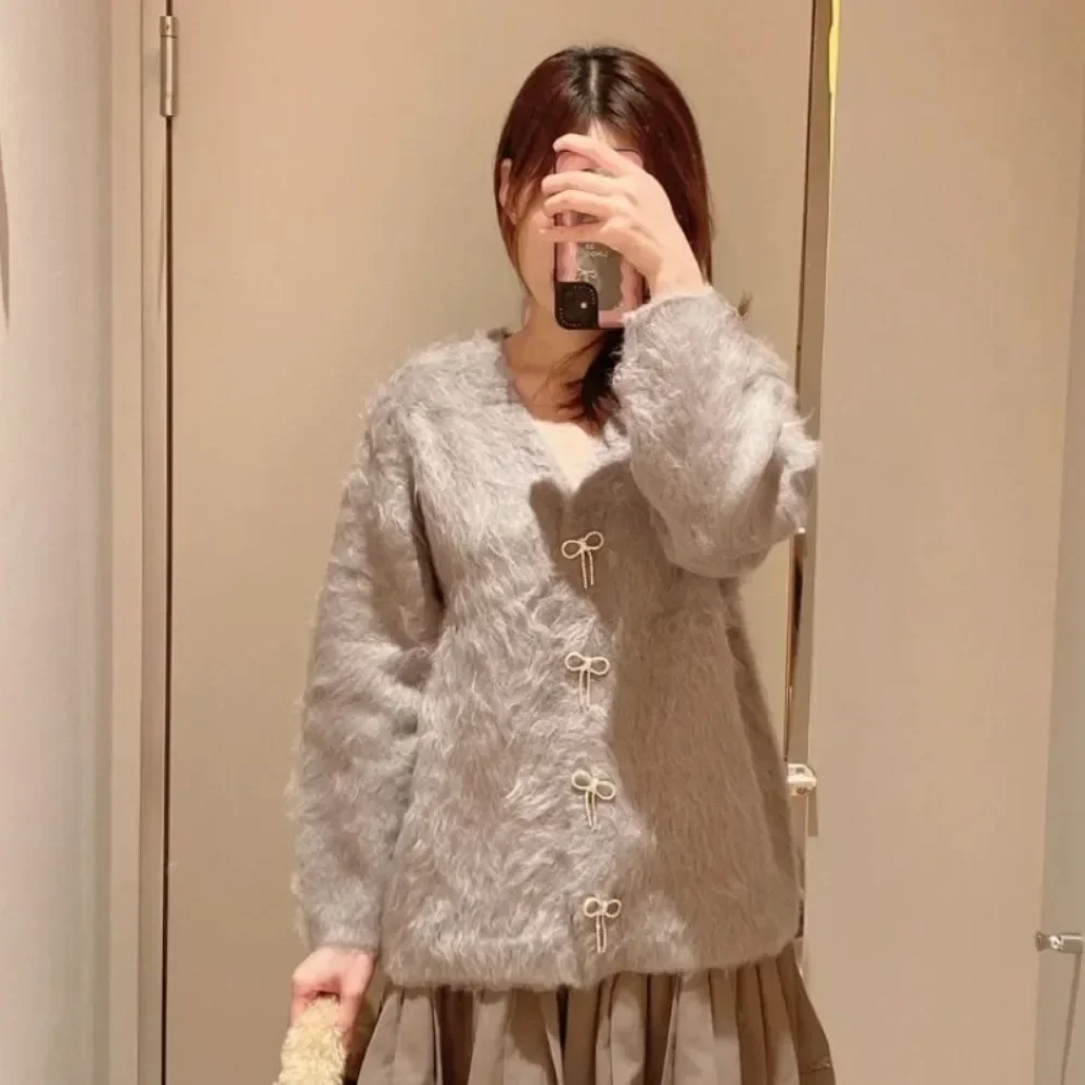 Soft Knit Cardigan Sweaters Diamonds Bow Single Breasted V-neck Long Sleeve Top Autumn Winter Jaoanese Sweet Sueter Mujer