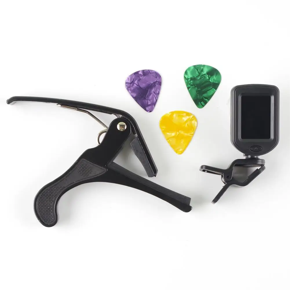 

Набор инструментов, гитарный тюнер, каподастр + держатель медиатора 3, целлулоидные медиаторы, тюнер, чехол, аксессуары для гитары для начина...